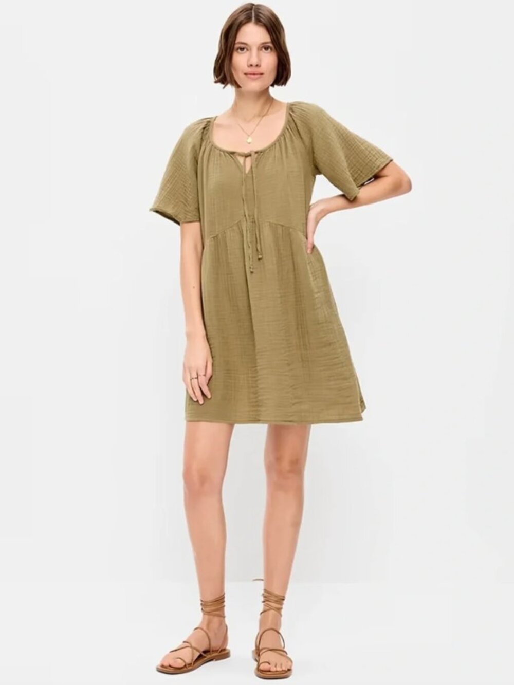 Old Navy Crinkle Gauze Flutter Sleeve Swing Mini Dress Kombu Green L